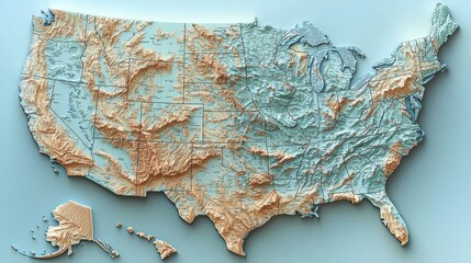 Detailed topographic map of the united states highlighting elevation changes and geographic features for study