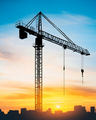 Silhouette of a construction crane at sunset over a city skyline
