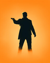 Silhouette of a man aiming a gun against an orange backdrop