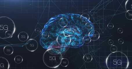 Animation of digital brain with 5G network symbols over geometric background - Powered by Adobe