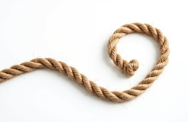 Obraz premium Curled rope isolated on white. Twirling cord natural texture. Nautical, marine, rustic design element, spiral. Loop knot with rough surface. Vintage, brown ropes.