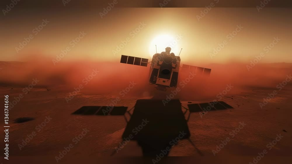 Poster mars exploration spacecraft landing on red planet surface. futuristic space mission concept. interpl