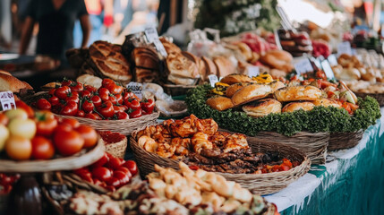 Obraz premium A diverse array of street food is beautifully arranged on a market table, featuring colorful fruits, fresh bread, and savory pastries, showcasing the local culinary culture.