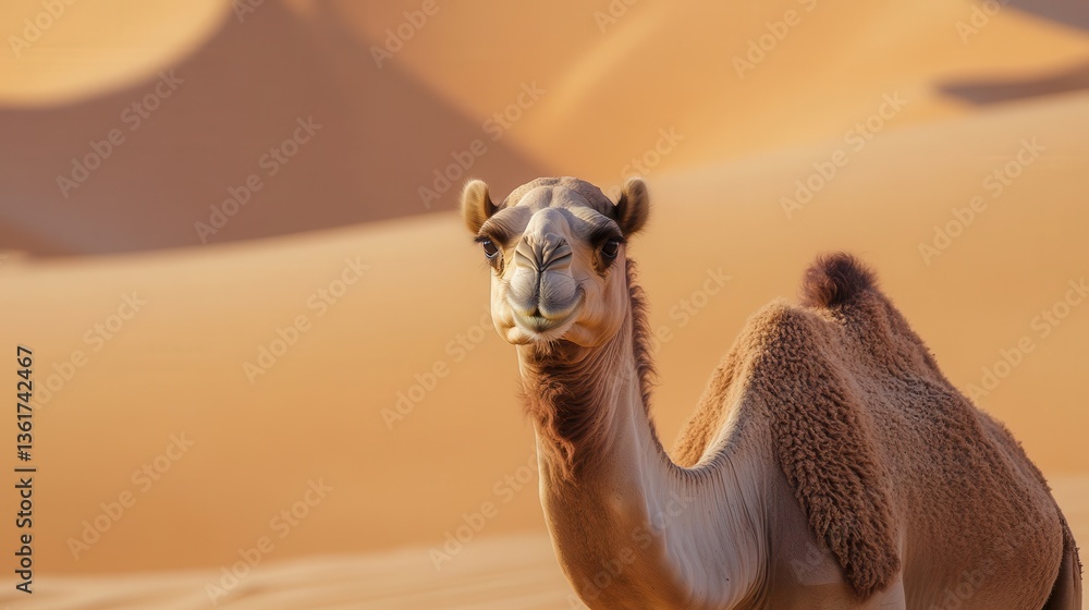 Poster a single camel facing directly towards the camera in the desert