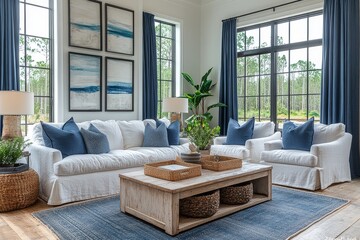 Coastal-style living room with white walls, blue and grey accents, sofa, armchairs, coffee table, lamps, navy curtains, plants, rug, decorative pillows, and appropriate lighting.