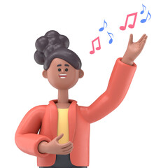 3D illustration of african american woman Coco singer and notes.Transparent Background Mockup. Supports PNG files with transparent backgrounds.