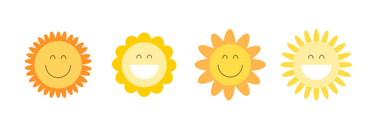 Cute suns set. Smiling sun faces. Summer sunlight emoticons isolated on white. Sunshine and sunny emoji, yellow face sun flat illustration