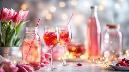 Pink Cocktails with Tulips on Festive Table