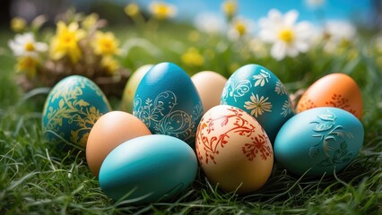 Several decorated Easter eggs are nestled in a grassy area.