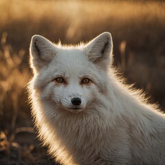 Obraz premium A white fox with its fur gently touched by golden sunlight, looking serene and wise.