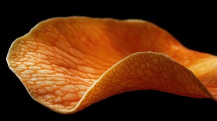 Close-up orange flower petal, detailed texture, black background
