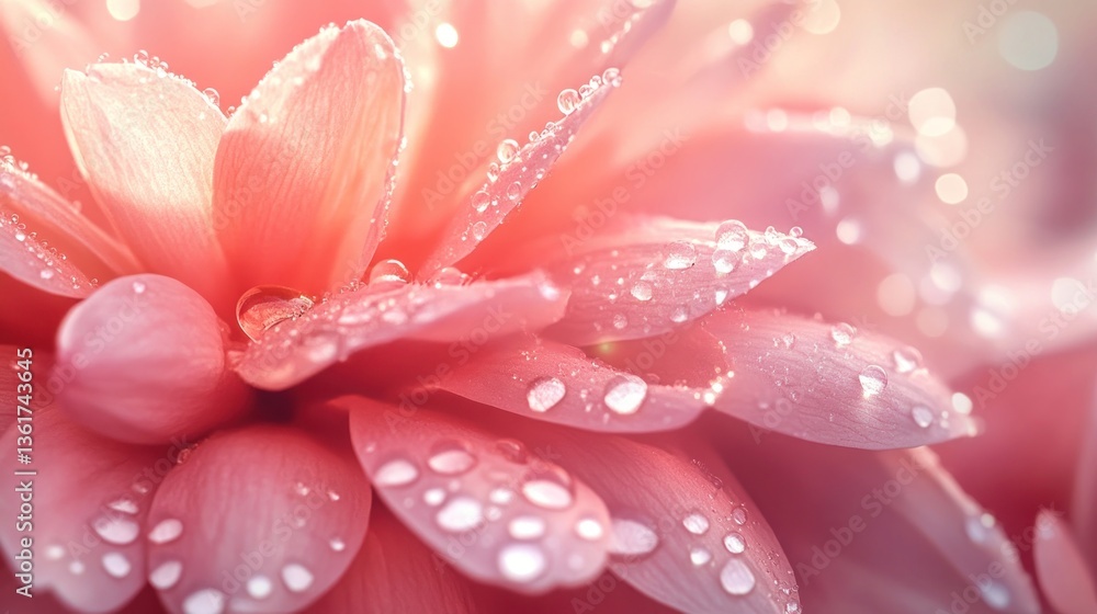 Aufkleber ethereal soft pink dahlia petals adorned with shimmering water droplets creating a serene and dreaml