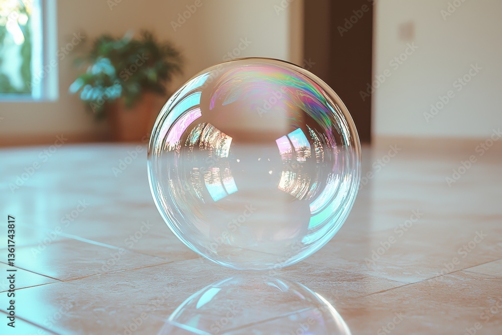 Aufkleber reflection of light and colors captured in a soap bubble on a polished floor indoors