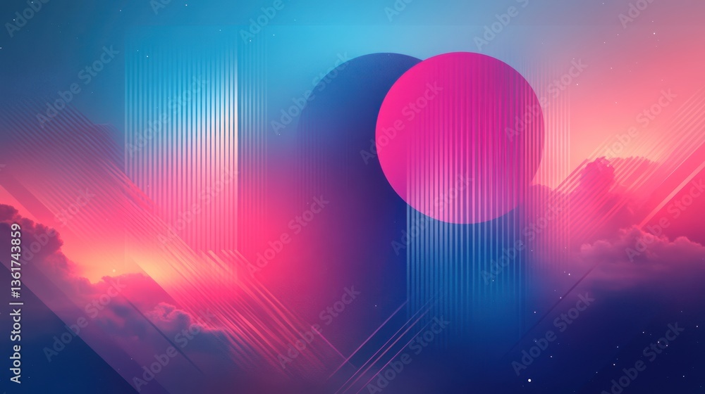 Poster abstract gradient sky with clouds and geometric shapes creating a futuristic vaporwave landscape wit