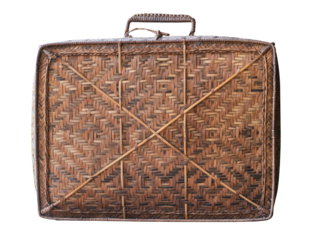 Old brown suitcase with a woven handle sits on transparent background.