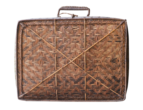 Old brown suitcase with a woven handle sits on transparent background.
