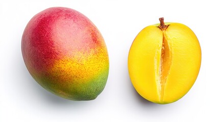 Fresh mango, whole and half, isolated on white background. Potential use Food photography, healthy eating, recipes, dietary supplements