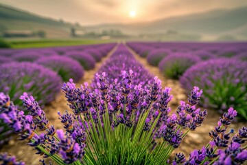 Obraz premium Scenic view of a lavender field in full bloom at sunset, rows of fragrant purple flowers leading towards the horizon under a golden sky, countryside beauty.