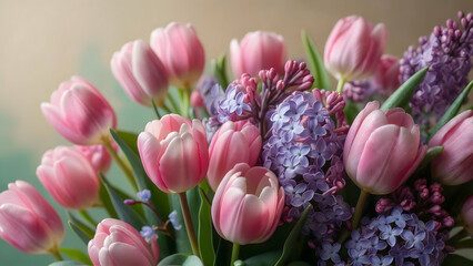 Artistic shallow focus highlights delicate pink tulips and purple lilacs in an elegant spring cluster, set against a soft background with a clean gradient top for text.
