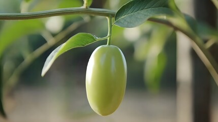 Obraz premium Closeup of a Single Green Jujube Fruit Hanging on Branch