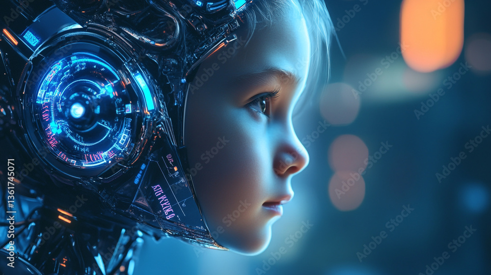 Aufkleber profile view of a child with futuristic robotic headgear and blurred background with bokeh lights