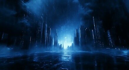 Digital technology background with blue lights and data elements on a dark background