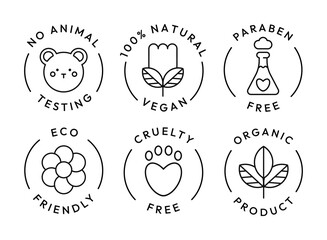 Eco cosmetics icon. Organic natural products alcohol, paraben and gluten free line icons for packaging. Stamps and badges vector set. Non toxic, no animal testing, for all skin types