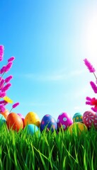 Fototapeta premium Vibrant green grass border frames colorful Easter eggs against a clear blue sky, spring, border