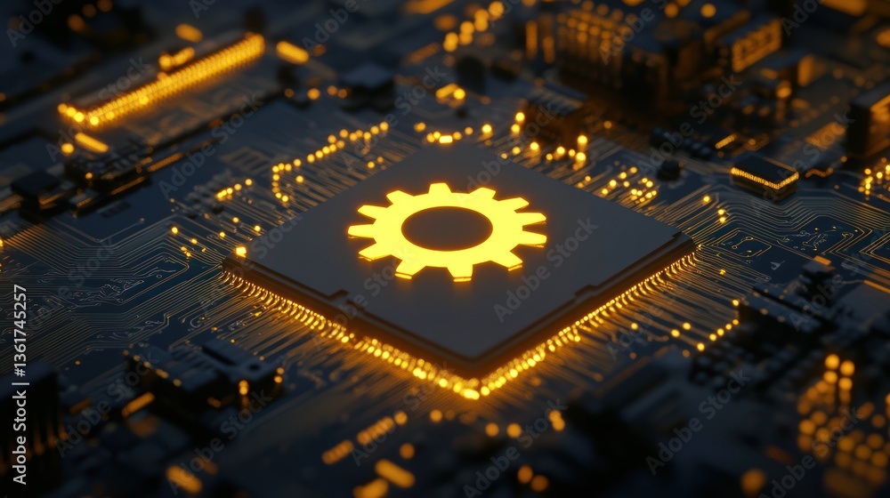 Aufkleber cpu with gear icon on circuit board, high tech background. possible use stock photo