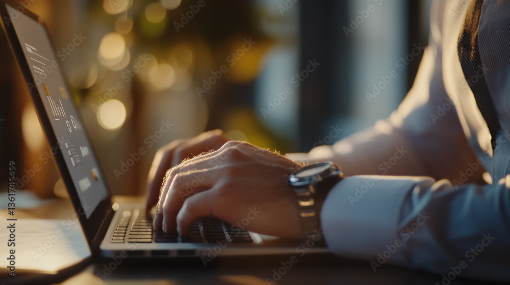 Aufkleber man typing on a laptop with charts displayed on screen wearing a watch in a warm lit environment