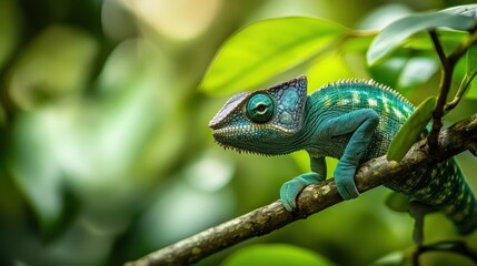 Fototapeta premium A colorful chameleon is perched on a tree branch in nature
