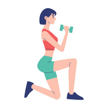 Short hair young woman doing lunges with dumbbells for strength training and fitness exercise