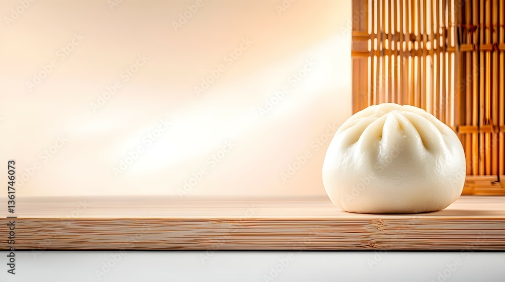 Poster steamed baozi bun placed neatly on a wooden table with generous copy space for text