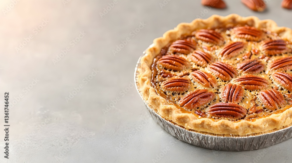 Poster delicious homemade bourbon pecan pie with pecans and golden crust on display with copy space for tex