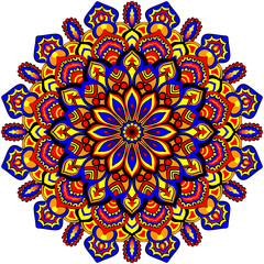 Radiant Mandala Bloom fire colorful fabric textile pattern. Colorful mandala design featuring intricate symmetrical patterns in vibrant red, yellow, and blue hues.