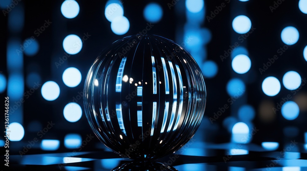 Poster abstract metallic sphere against bokeh lights. possible use background, wallpaper