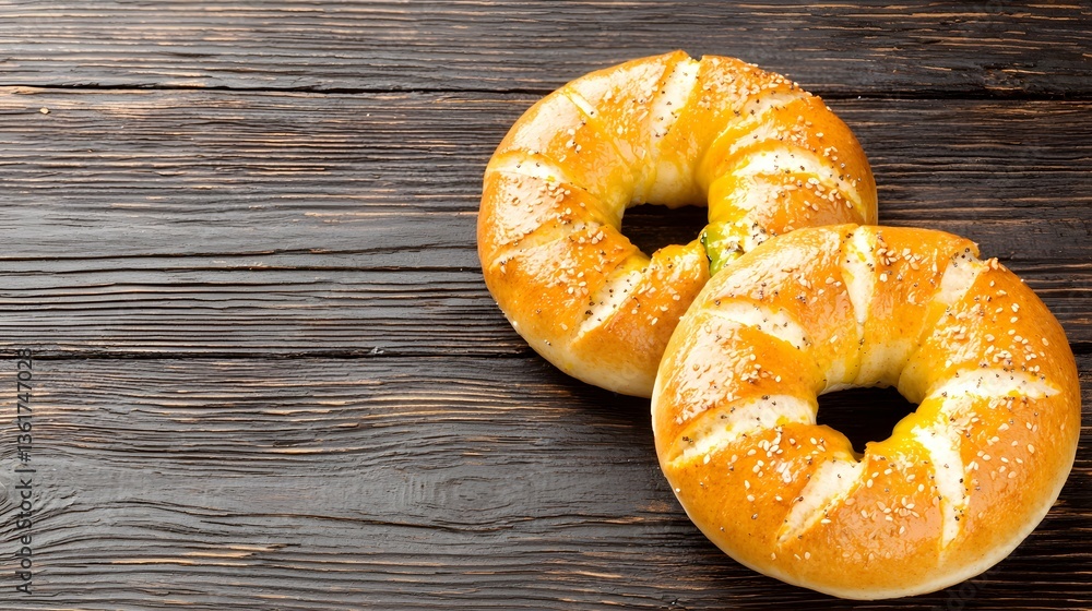 Poster two freshly baked cheddar jalapeno bagels placed on a rustic wooden table with copy space for text i