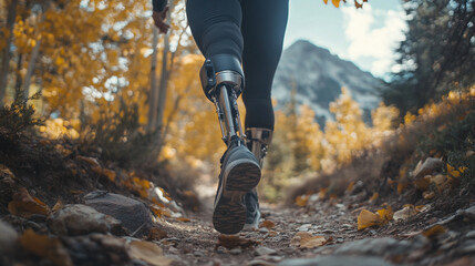 A person with a prosthetic leg walking on a trail in the woods during the autumn season with mountains