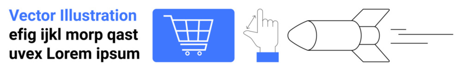 Shopping cart icon, hand tapping gesture, rocket launch depicting swift technology advancements and online growth. Ideal for e-commerce, startup, innovation, digital marketing, technology, speed