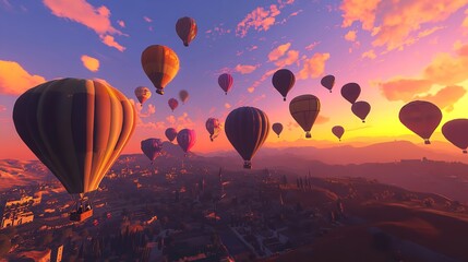 Naklejka premium Stunning Sunset Hot Air Balloons Aerial View Landscape Colorful Sky Amazing Travel Adventure Romantic Scenic Beautiful Balloons Flight Over Cityscape 
