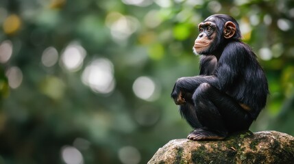 A chimpanzee sits thoughtfully atop a moss covered rock