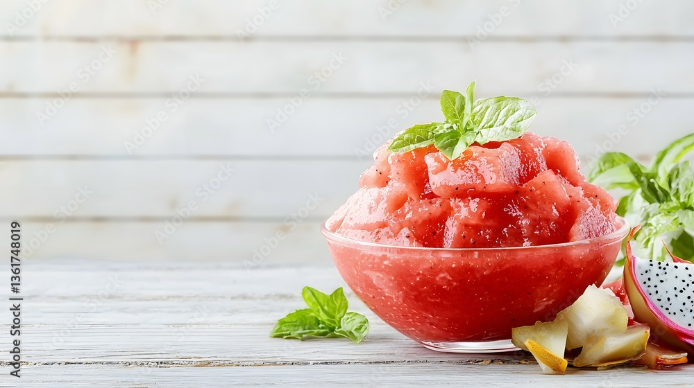 Poster refreshing bowl of watermelon cubes sitting on a table with a hint of dragon fruit sorbet and copy s