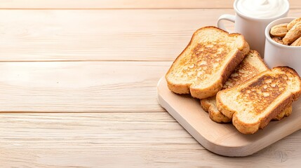 Delicious plate of toasted bread with golden brown color perfect for breakfast imagery with copy space for text