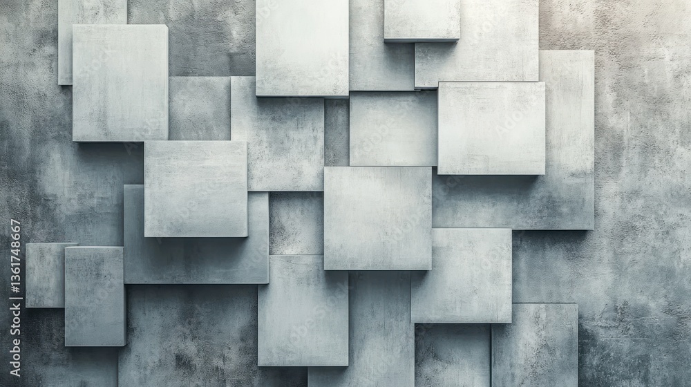 Poster abstract composition using textured grey concrete squares creating a dimensional geometric pattern s