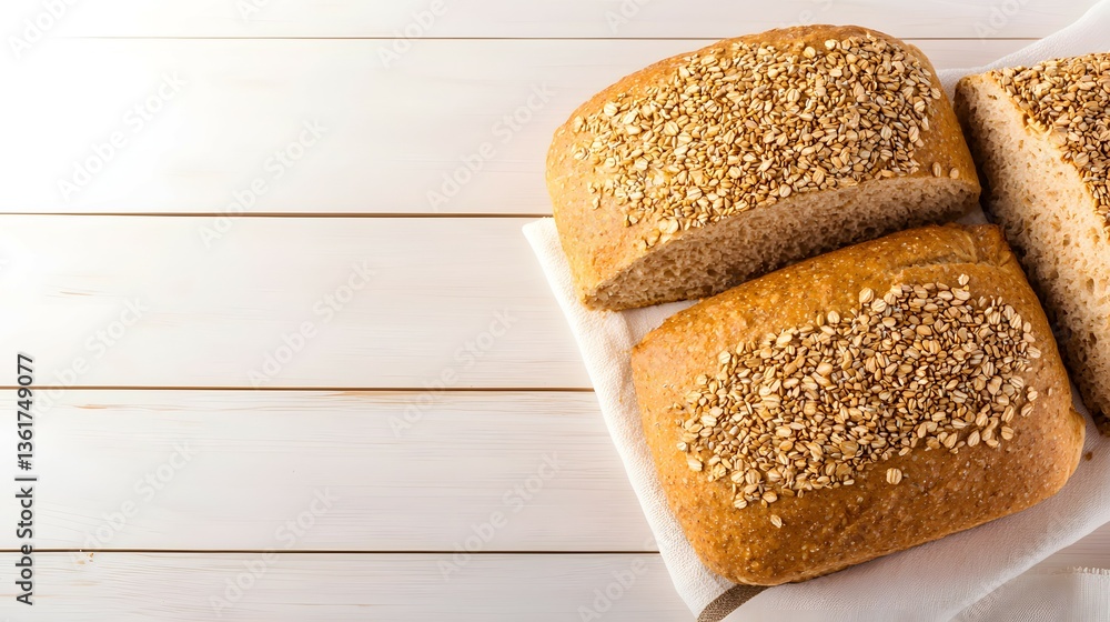 Poster three soft honey wheat bread rolls on a white napkin with copy space for text and serving suggestion