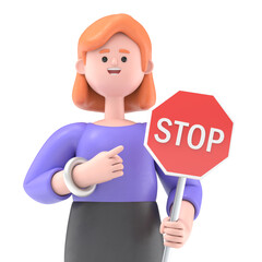 3D illustration of European businesswoman Ellen pointing at stop sign,Transparent Background Mockup. Supports PNG files with transparent backgrounds.