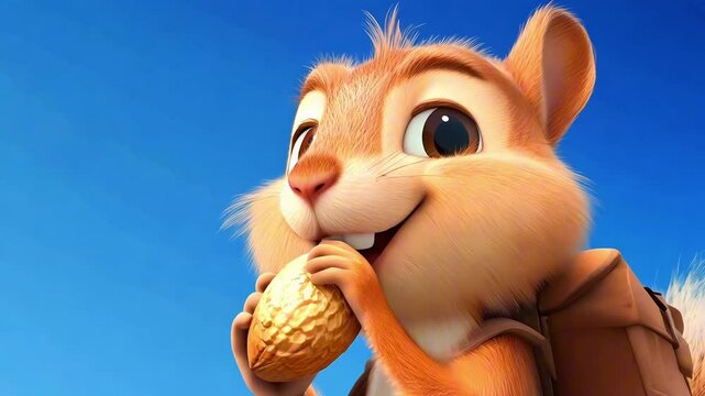 Funny chipmunk cartoon character happily eating a peanut while wearing a backpack