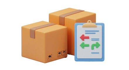 Isolated 3D Render of Delivery Boxes with a Clipboard Showing Arrows