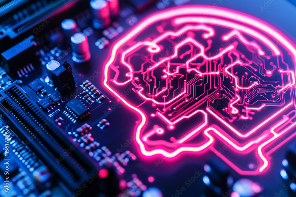 Poster glowing neon circuit design on a closeup electronic board generative ai
