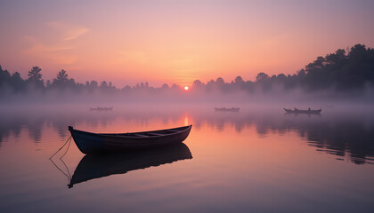 Obraz premium A Lone Wooden Rowboat Floating on a Misty Lake at Sunrise